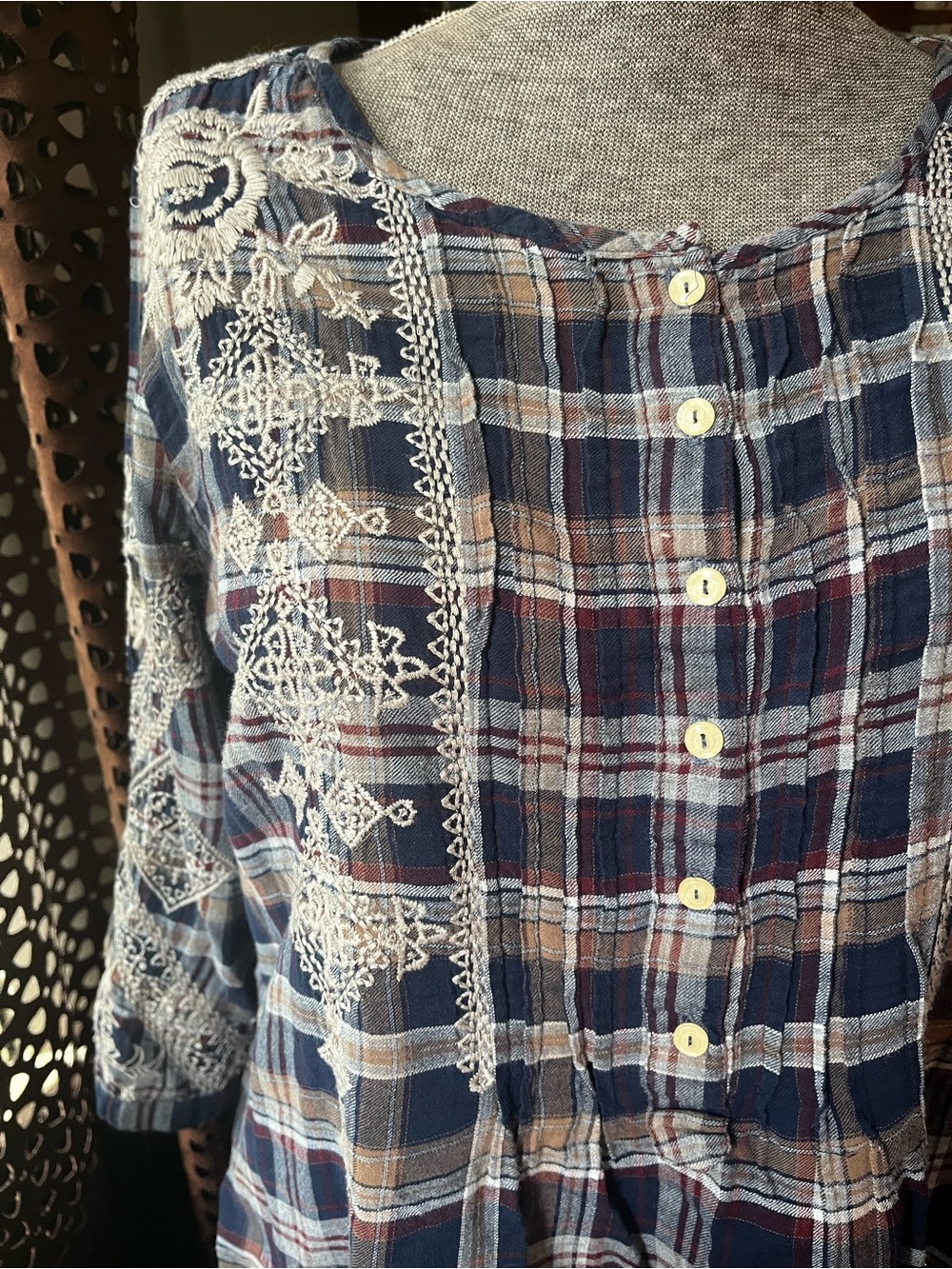 Johnny Was Navy, Cream & Burgundy Plaid Blouse - Picture 2 of 6